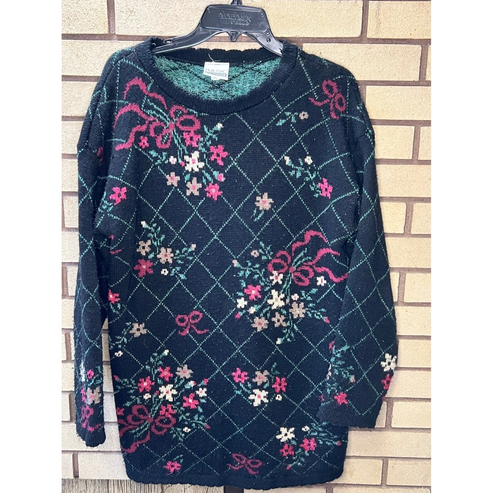 VTG BASIC EDITIONS Women's Knit Sweater Black Floral Bow Argyle Pattern Medium